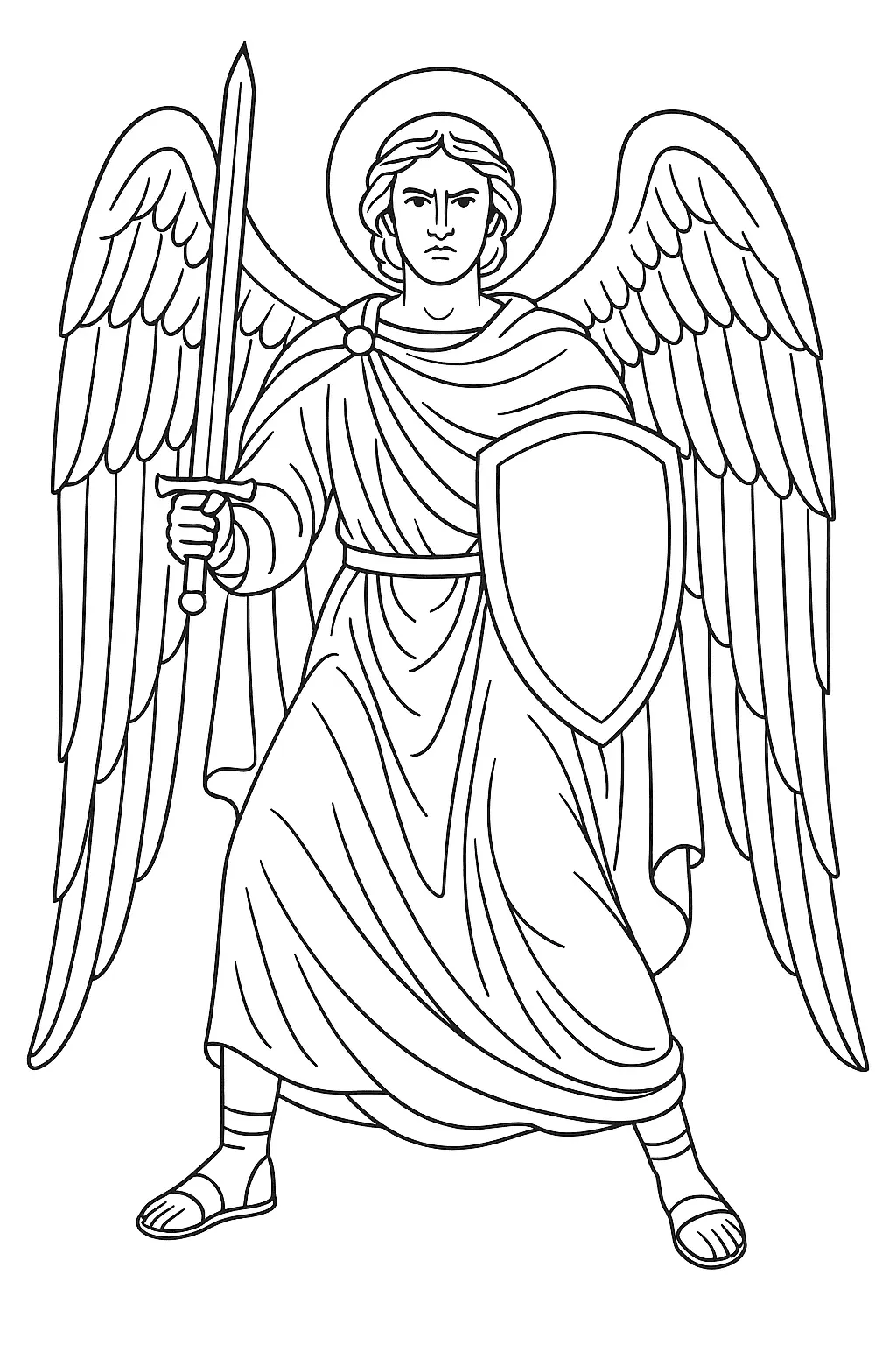 Desenho de contorno em preto e branco de um anjo em posição de combate (postura ampla), vestindo túnica. O anjo tem grandes asas, auréola e segura uma espada levantada na mão direita e um escudo na mão esquerda.