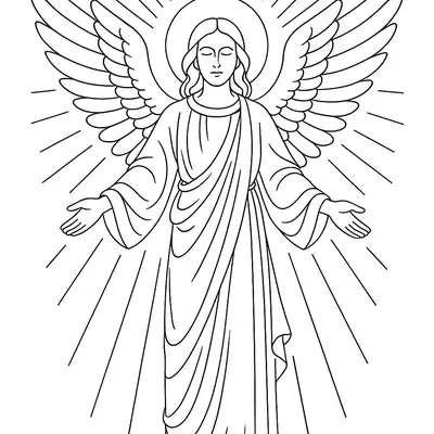 Desenho de Anjo com Asas, Auréola e Braços Abertos em Traje Clássico