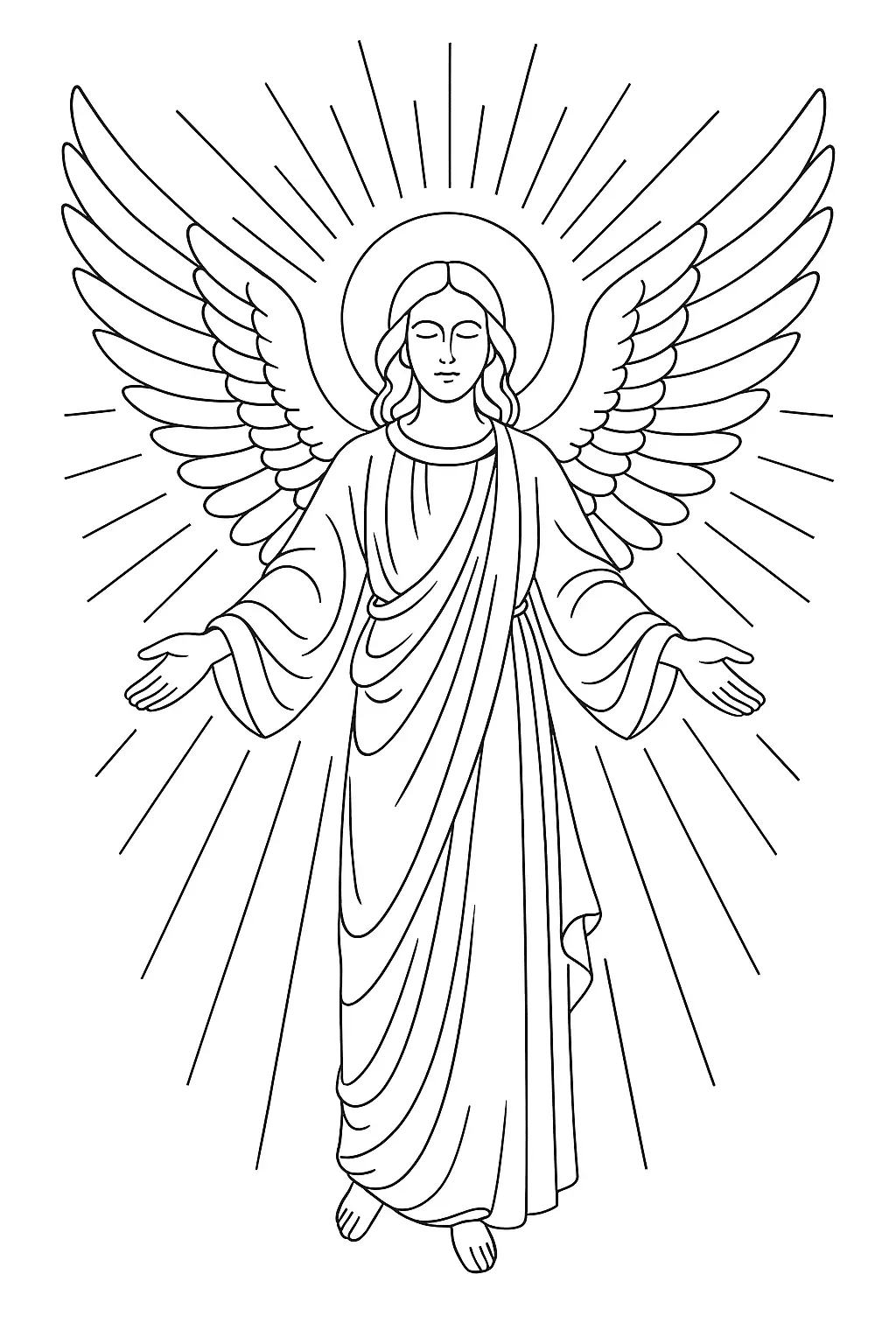 Desenho de contorno em preto e branco de um anjo em pé, vestindo túnica longa. O anjo tem grandes asas estendidas, uma auréola sobre a cabeça, e raios de luz emanam dele. Os braços estão abertos em um gesto de acolhimento ou bênção.