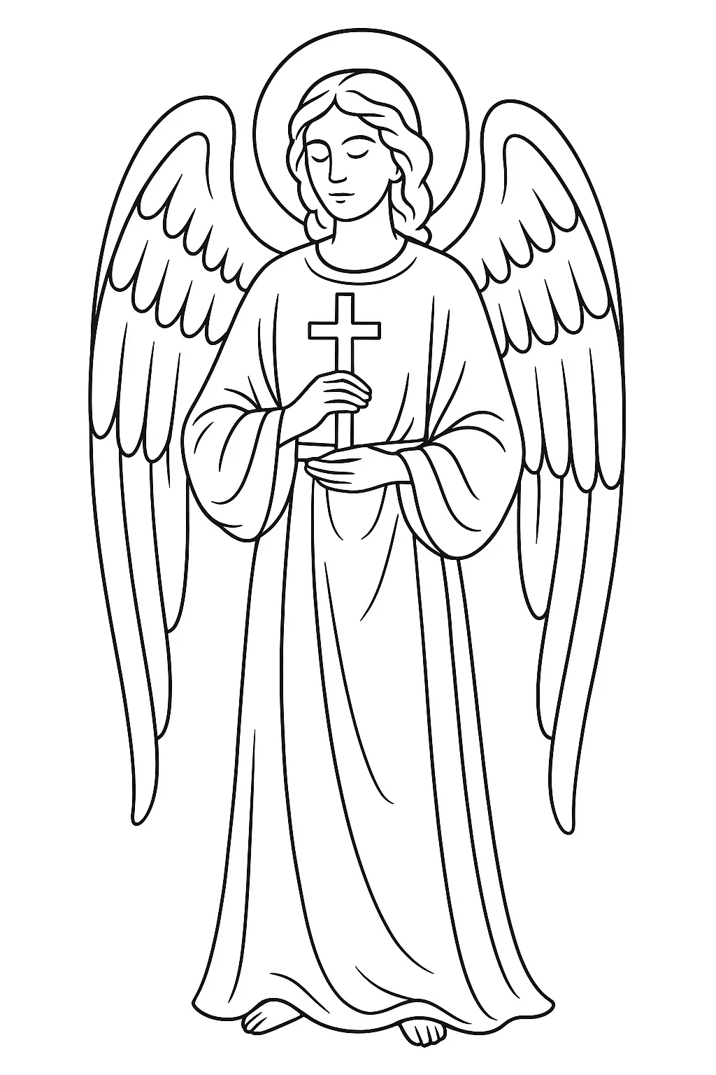 Desenho de contorno em preto e branco de um anjo em pé, vestindo uma longa túnica. O anjo tem grandes asas, uma auréola e segura uma cruz simples de madeira sobre o peito com as duas mãos, em uma pose serena.