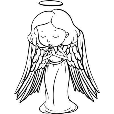 Desenho Fofo (Estilo Chibi) de Anjo em Oração com Asas Grandes e Longas