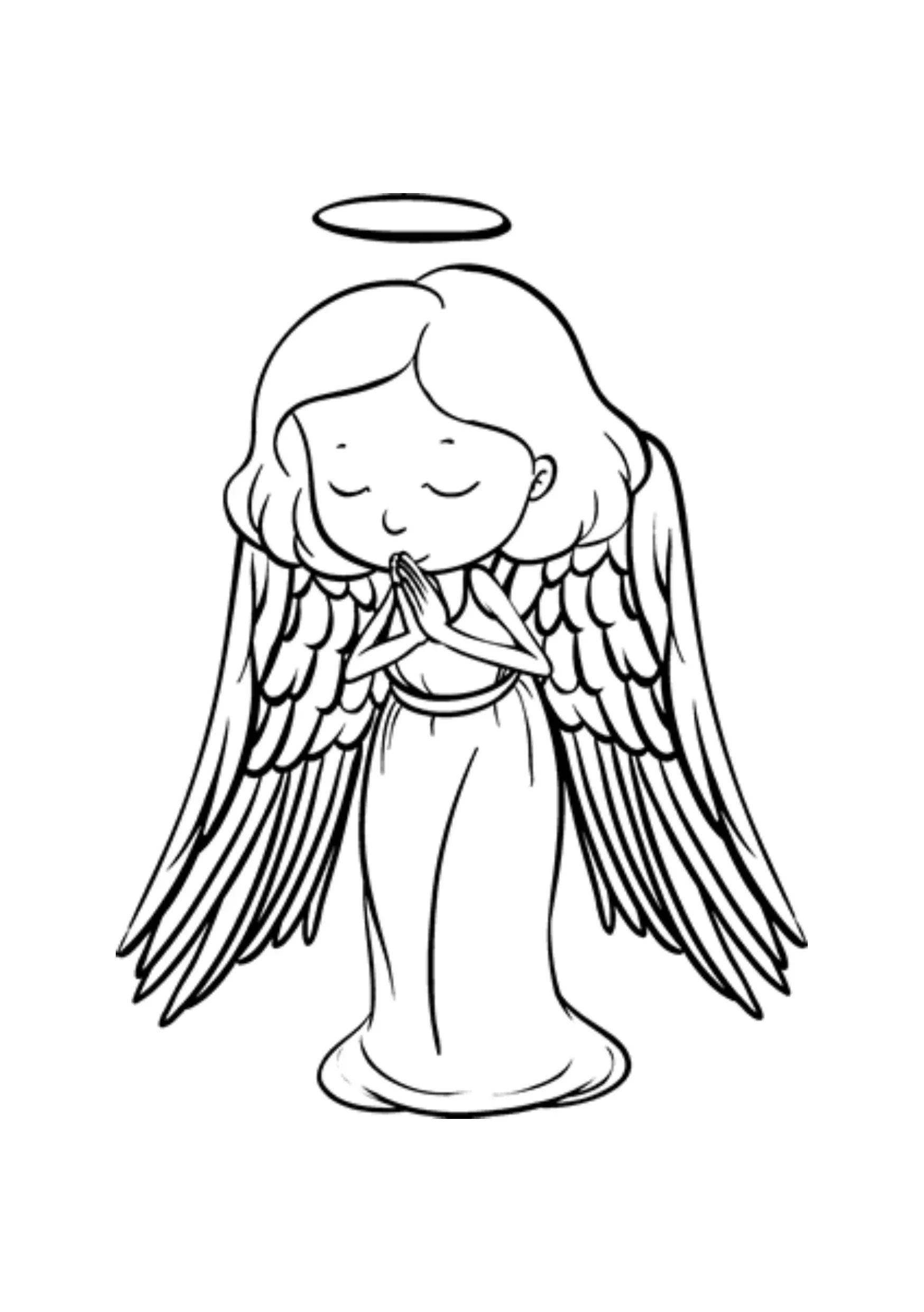 Desenho de contorno em preto e branco, estilo chibi, de um anjo em pé com cabelo na altura do ombro e longas asas que se estendem verticalmente. O anjo tem auréola, cinto e as mãos unidas em frente ao peito em oração.