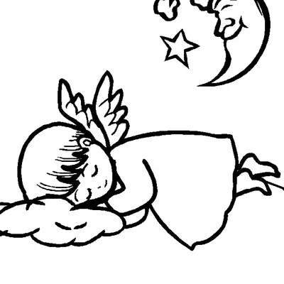 Desenho Fofo (Cartoon) de Anjo Bebê Dormindo Sereno em Nuvem no Céu Noturno