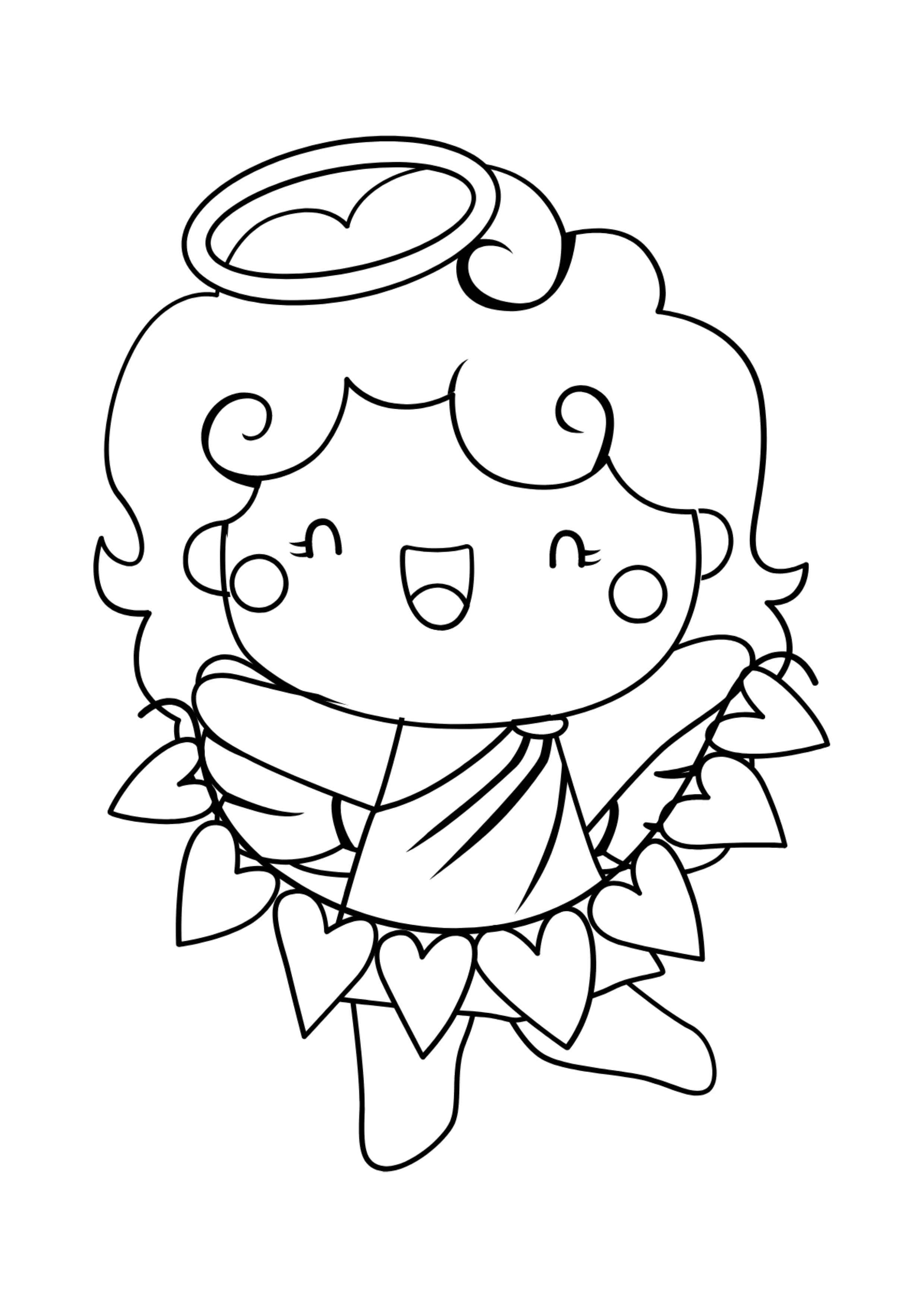 Desenho de contorno em preto e branco, estilo chibikawaii, de um anjo bebê com cabelo cacheado e uma auréola em formato de coração. O anjo está rindo e flutuando, vestido com uma túnica curta e com uma guirlanda de corações ao redor da cinturapernas.