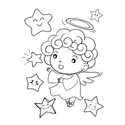 Desenho de contorno em preto e branco, estilo kawaiichibi, de um anjo bebê com cabelo grande e cacheado, auréola e pequenas asas. O anjo sorri e flutua entre cinco estrelas com rostos e sorrisos.