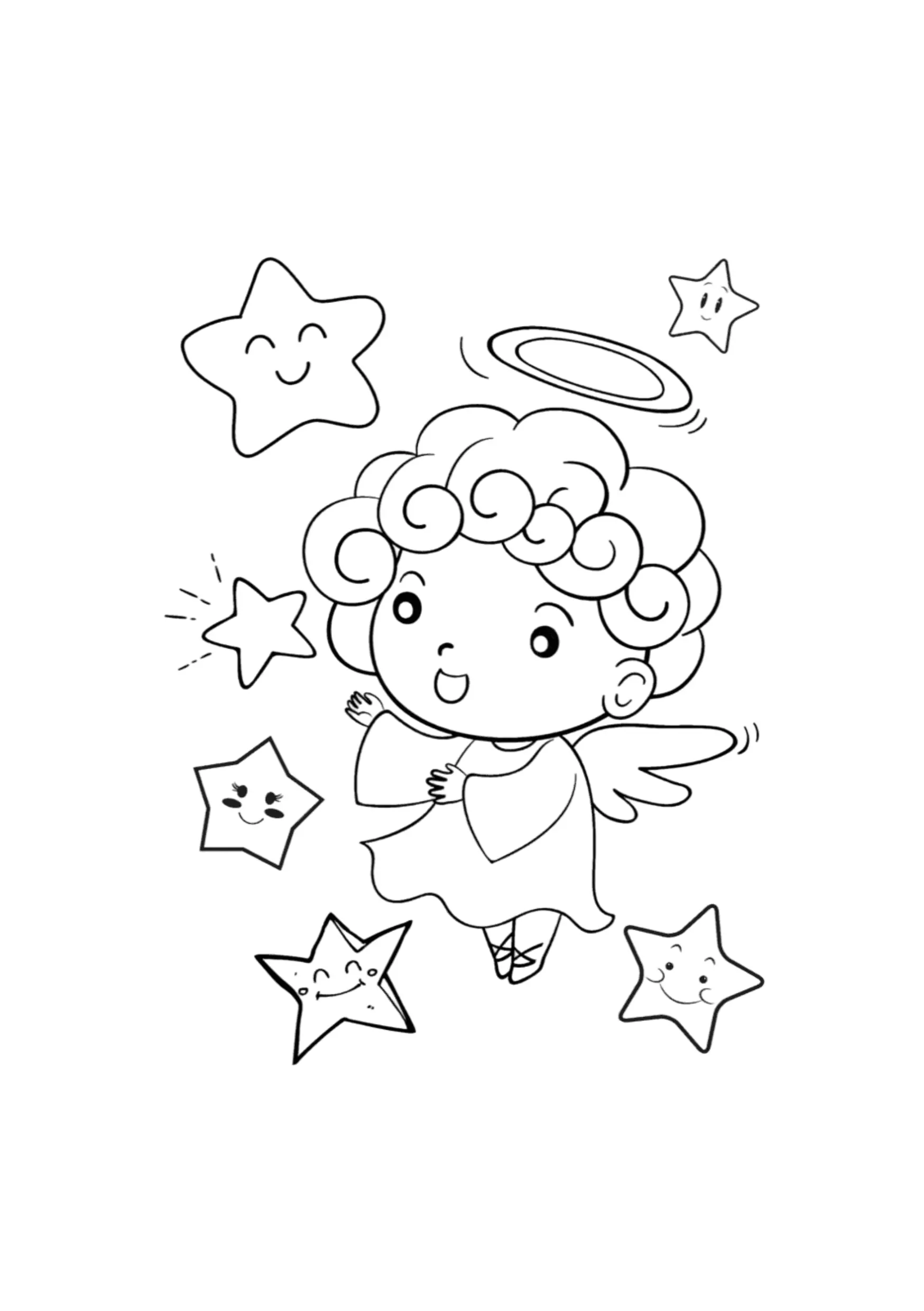 Desenho de contorno em preto e branco, estilo kawaiichibi, de um anjo bebê com cabelo grande e cacheado, auréola e pequenas asas. O anjo sorri e flutua entre cinco estrelas com rostos e sorrisos.