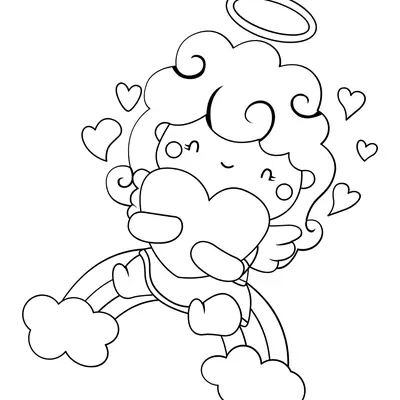 Desenho Fofo de Anjo Bebê (Querubim) Abraçando um Grande Coração sobre o Arco-Íris