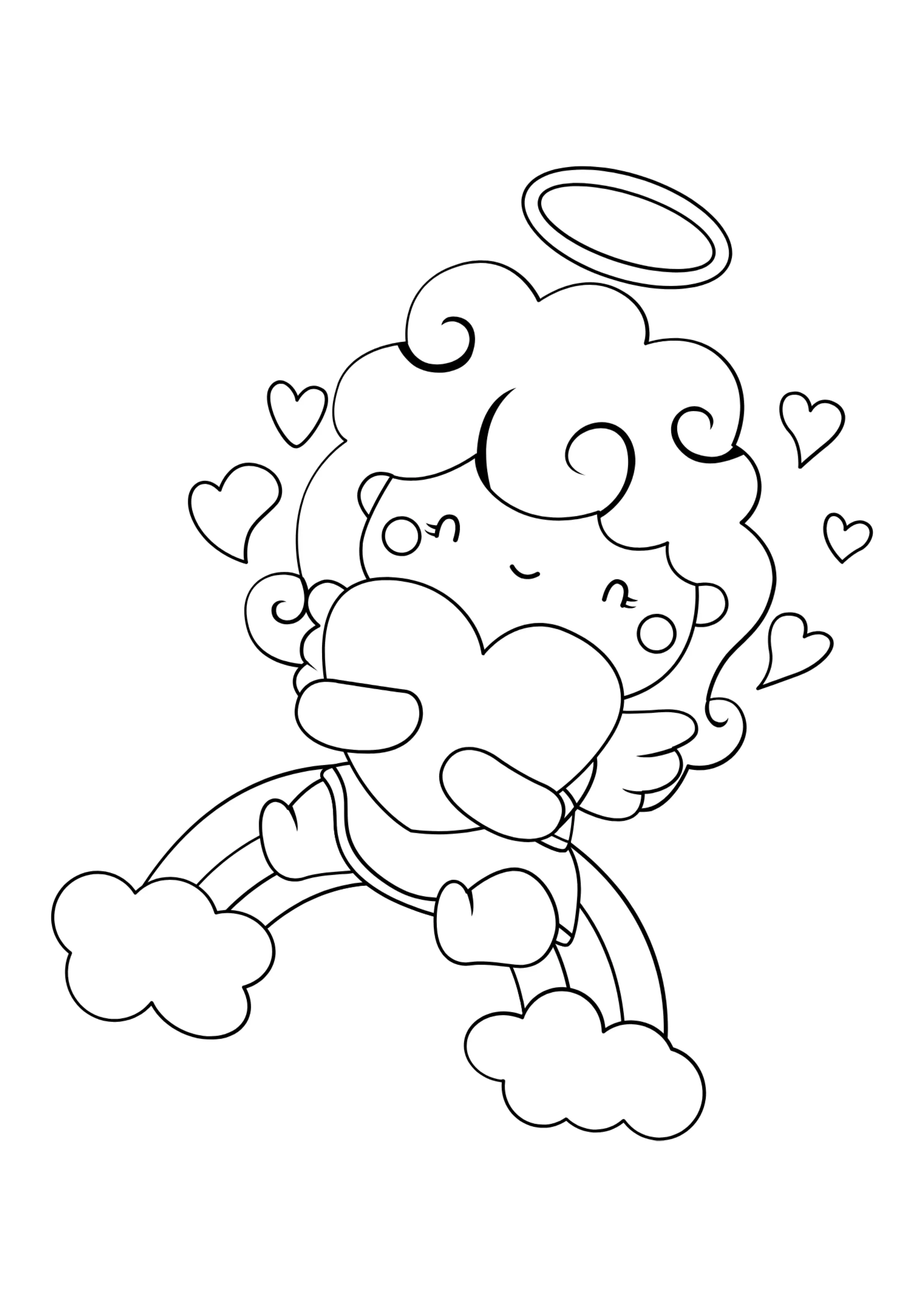 Desenho de contorno em preto e branco, estilo chibikawaii, de um anjo bebê de cabelo encaracolado. O anjo tem uma auréola e pequenas asas, está abraçando um grande coração, e flutua sobre um arco-íris que repousa sobre duas nuvens.