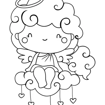 Desenho Fofo (Estilo Kawaii) de Anjo Bebê Sentado em Nuvem de Corações