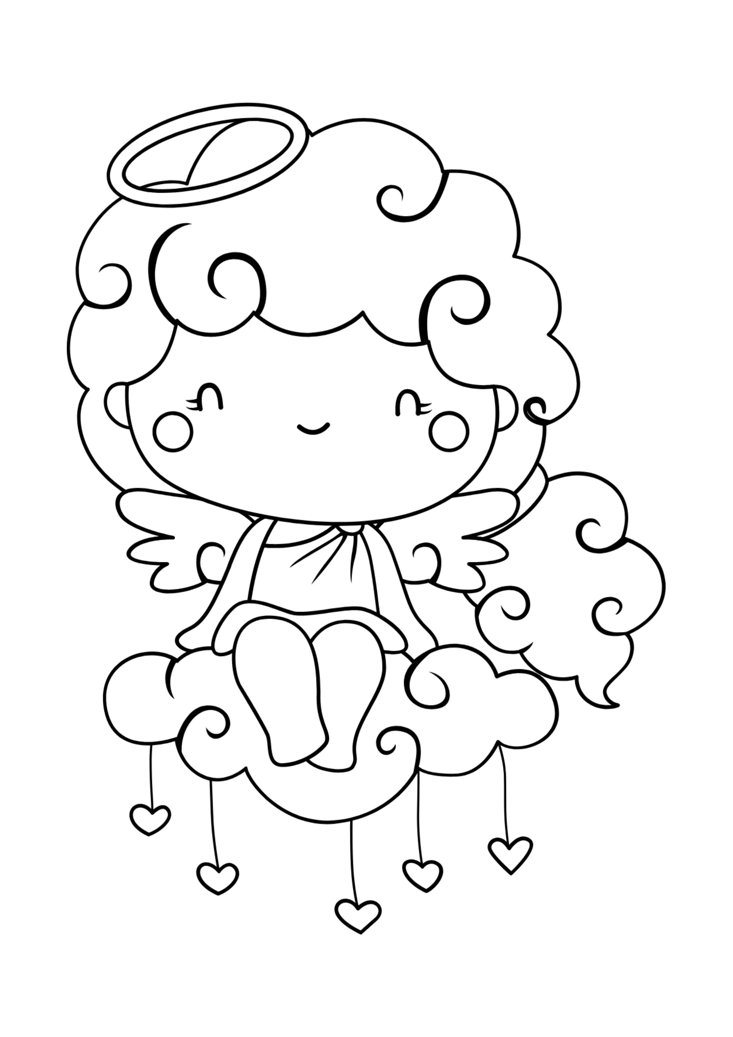 Desenho de contorno em preto e branco, estilo chibikawaii, de um anjo bebê com cabelo encaracolado e auréola. O anjinho está sorrindo com os olhos fechados e sentado em uma grande nuvem de onde penduram corações por cordas.