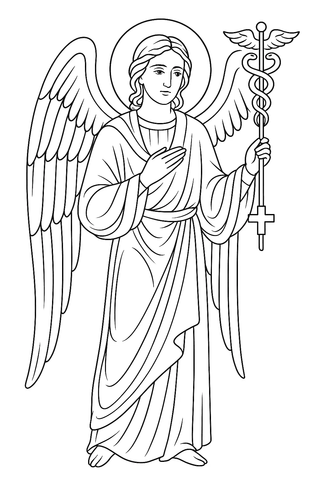 Desenho de contorno em preto e branco de um anjo em pé, com longas vestes e cabelo ondulado. O anjo tem grandes asas e segura um caduceu (bastão com duas serpentes entrelaçadas e asas no topo) na mão direita, com uma cruz na base.