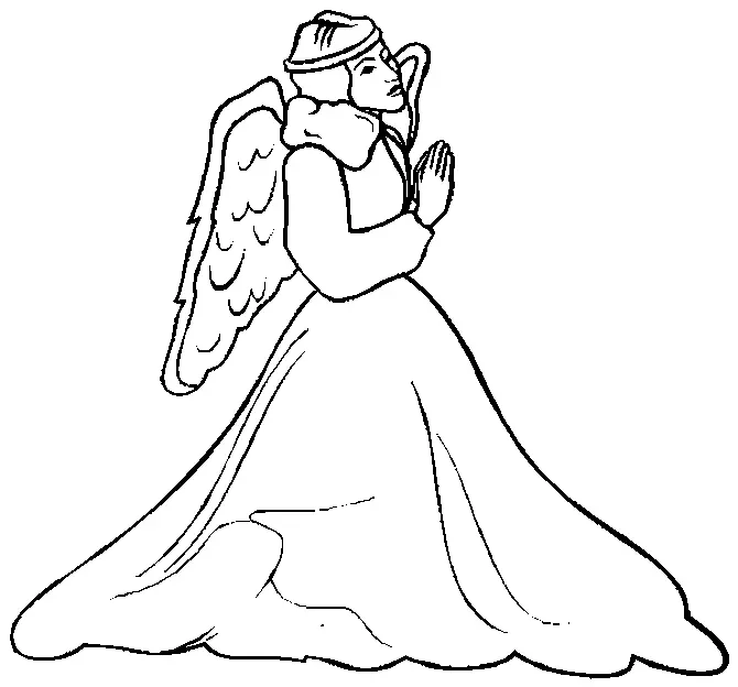 Desenho de contorno em preto e branco de um anjo adulto visto de perfil. O anjo tem as mãos postas em oração, grandes asas com detalhes de penas e veste uma túnica longa com gola de pele e um pequeno chapéu ou auréola sólida.