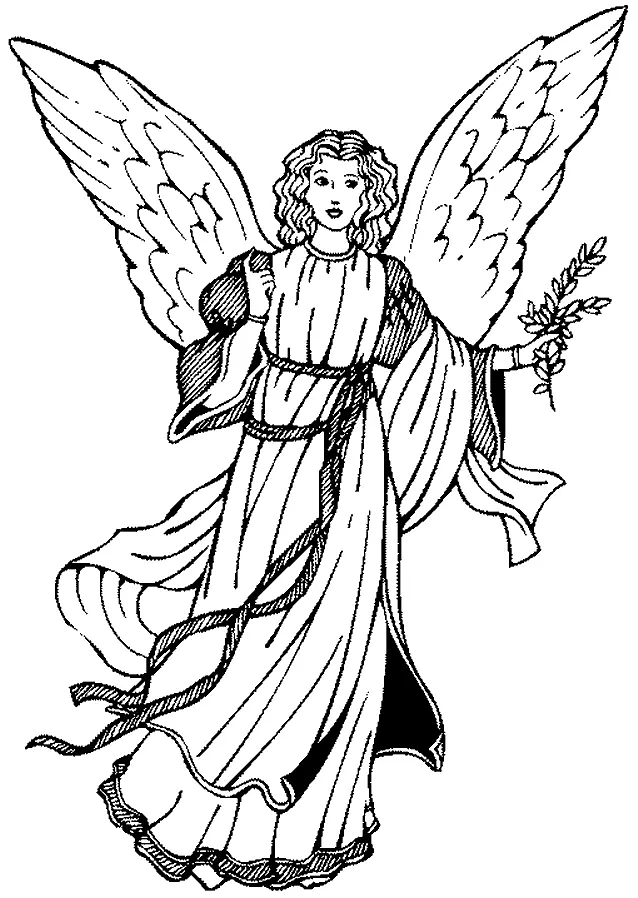 Desenho de contorno em preto e branco, estilo clássicobarroco, de um anjo jovem com cabelo cacheado e grandes asas detalhadas. O anjo veste uma longa túnica esvoaçante e segura um ramo de oliveira (com folhas) na mão direita erguida.