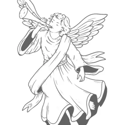 Desenho Clássico e Dinâmico de Anjo Voando e Tocando a Trombeta