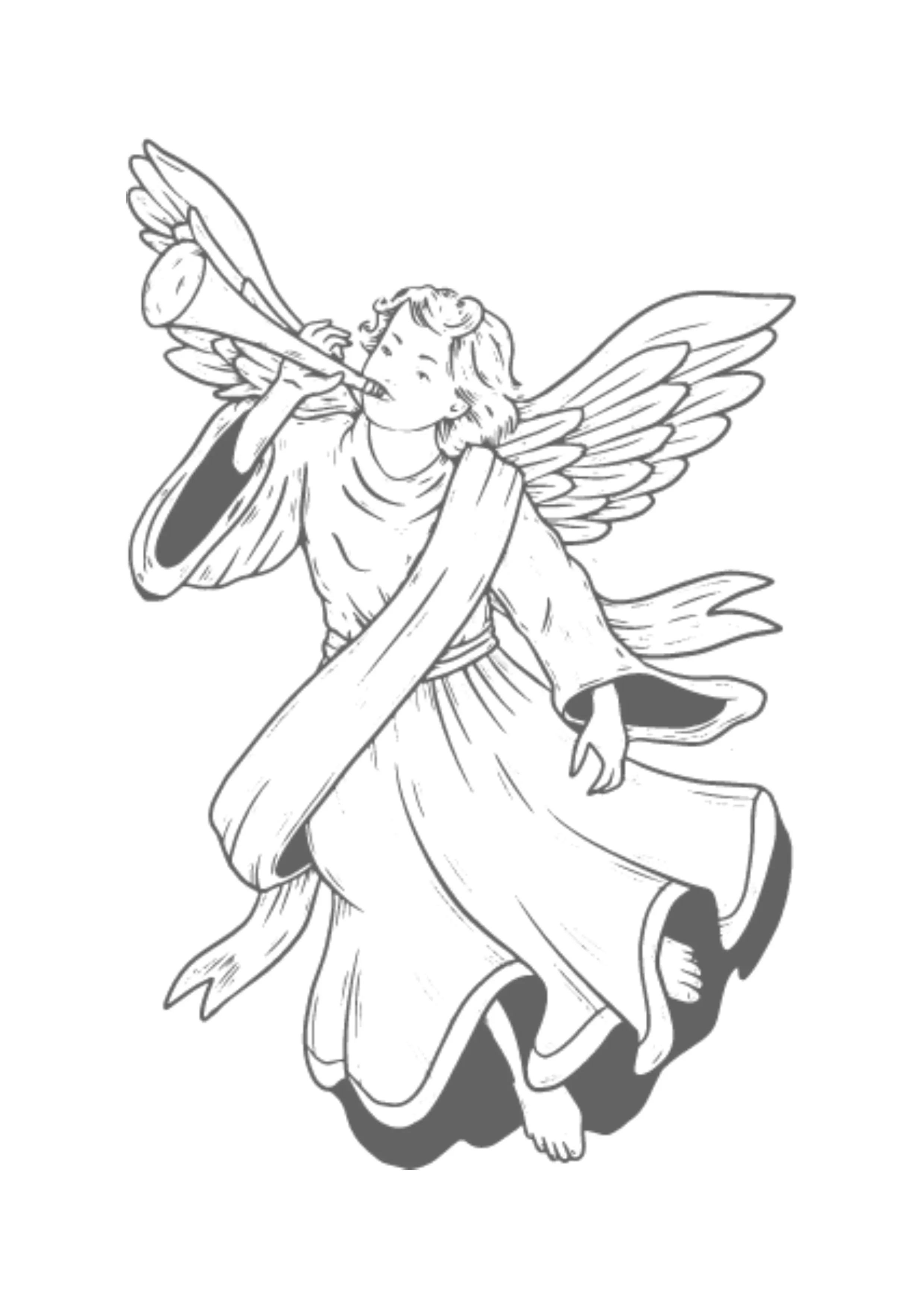 Desenho de contorno em preto e branco (estilo gravura) de um anjo jovem, com cabelo cacheado e grandes asas detalhadas, em movimento de voo. O anjo veste uma túnica com faixa e toca uma trombeta, com sombreamento sutil e a ponta dos pés exposta.