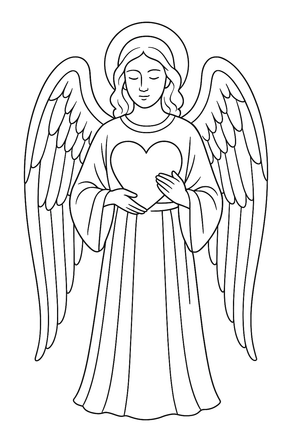 Desenho de contorno em preto e branco de um anjo em pé, vestindo túnica. O anjo tem grandes asas e segura um grande coração sobre o centro do peito com as duas mãos.