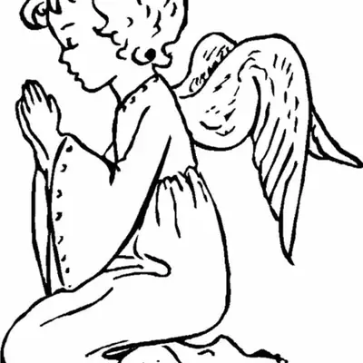 Desenho de Anjo Criança Ajoelhado em Oração, Visto de Perfil
