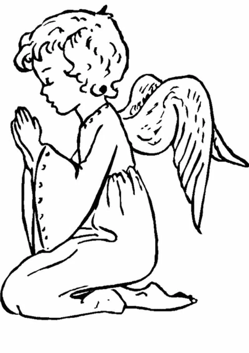 Desenho de contorno em preto e branco de um anjo criança ajoelhado, visto de perfil. O anjo tem cabelo cacheado, uma túnica solta e está com as mãos unidas em oração em frente ao rosto.