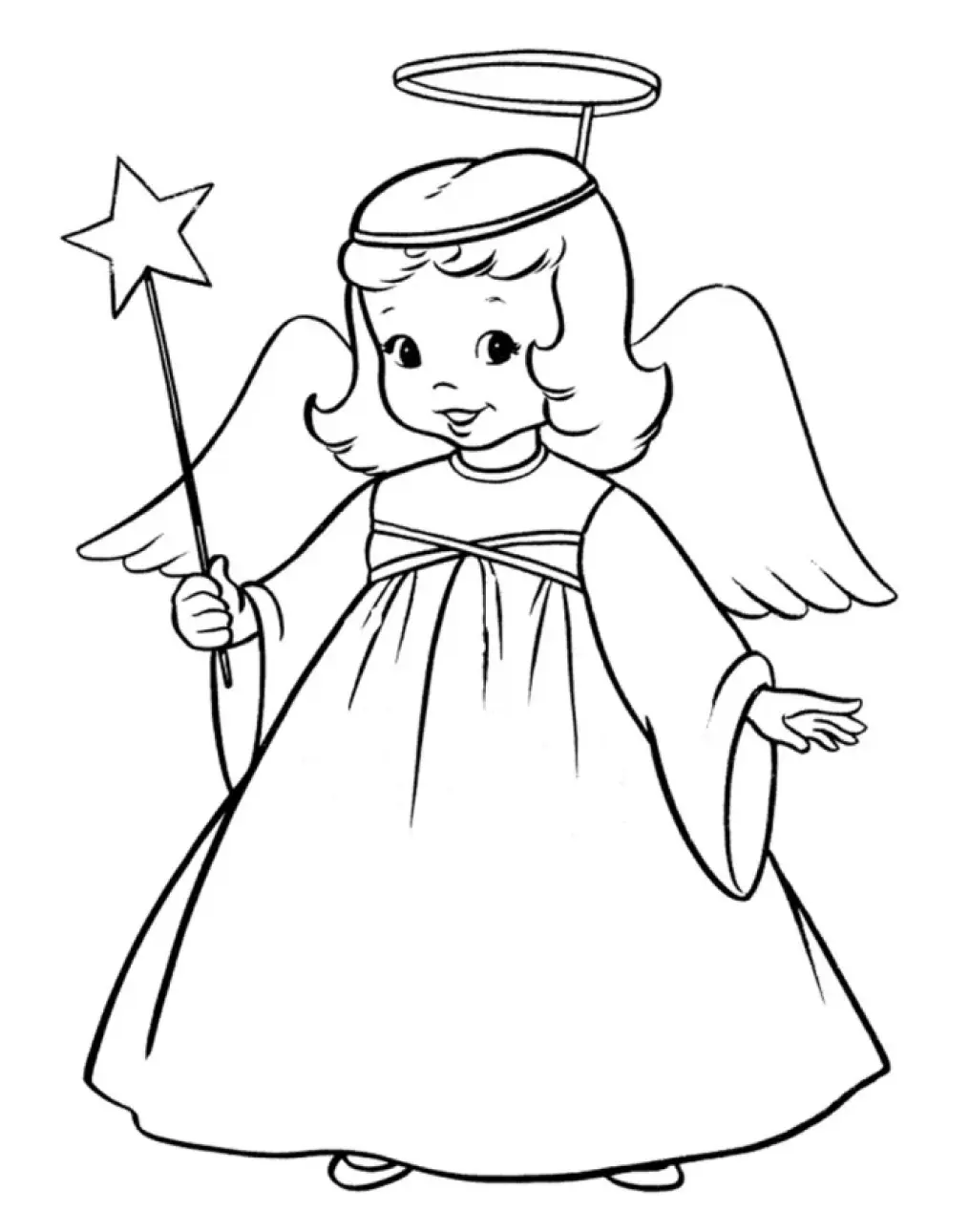 Desenho de contorno em preto e branco, estilo cartoon, de uma menina sorridente vestindo uma fantasia de anjo, com cabelo de bob. Ela tem uma auréola e asas pequenas e segurando uma varinha com uma estrela na ponta.