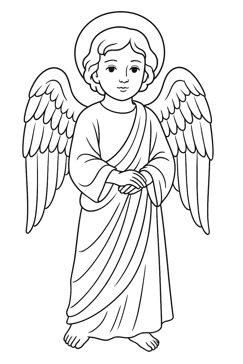Desenho de contorno em preto e branco de um anjo com aparência de criança (querubim). O anjo veste uma túnica longa, tem cabelo cacheado, auréola, grandes asas e está em pé com as mãos cruzadas e sobrepostas na frente do peito.