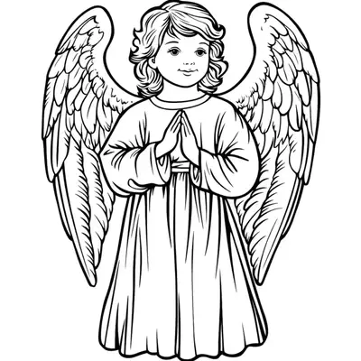 Desenho de contorno em preto e branco de um anjo com aparência de criança (querubim). O anjo veste uma túnica, tem cabelo cacheado, grandes asas detalhadas e está com as mãos unidas em oração na frente do corpo.