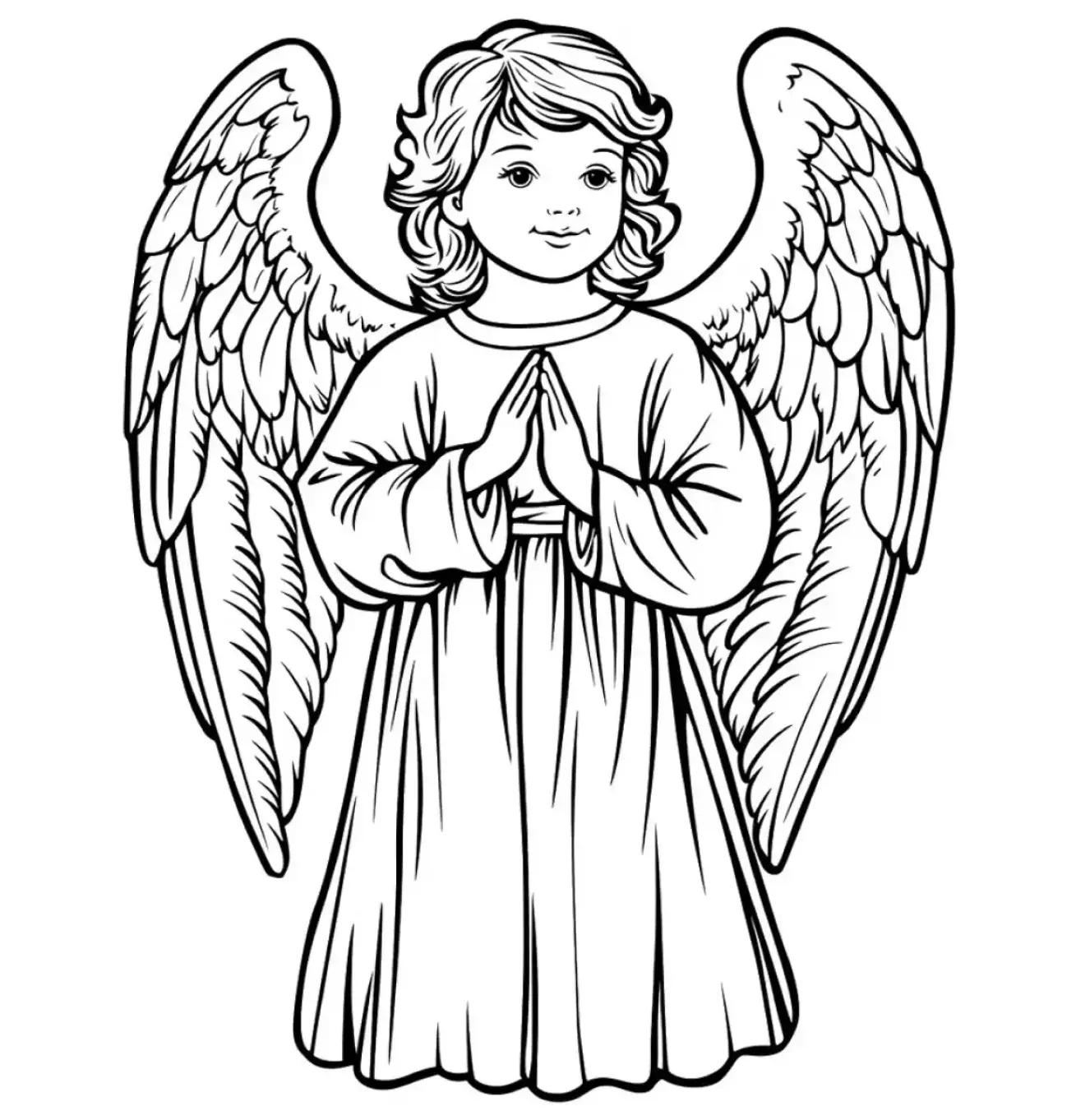 Desenho de contorno em preto e branco de um anjo com aparência de criança (querubim). O anjo veste uma túnica, tem cabelo cacheado, grandes asas detalhadas e está com as mãos unidas em oração na frente do corpo.