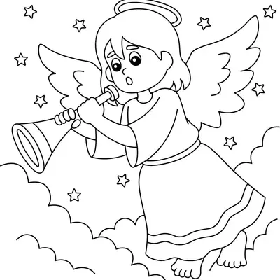 Desenho de contorno em preto e branco, estilo cartoon, de um anjo criança voando entre nuvens. O anjo tem cabelo curto, auréola, grandes asas e está tocando uma trombeta (corneta), com estrelas flutuando ao redor.