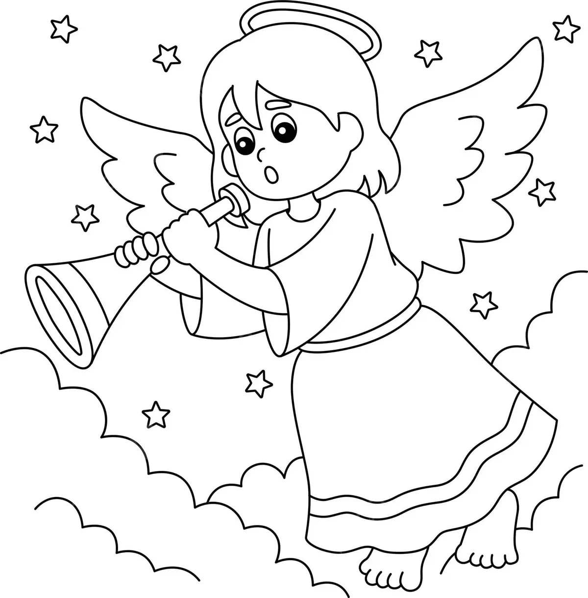 Desenho de contorno em preto e branco, estilo cartoon, de um anjo criança voando entre nuvens. O anjo tem cabelo curto, auréola, grandes asas e está tocando uma trombeta (corneta), com estrelas flutuando ao redor.