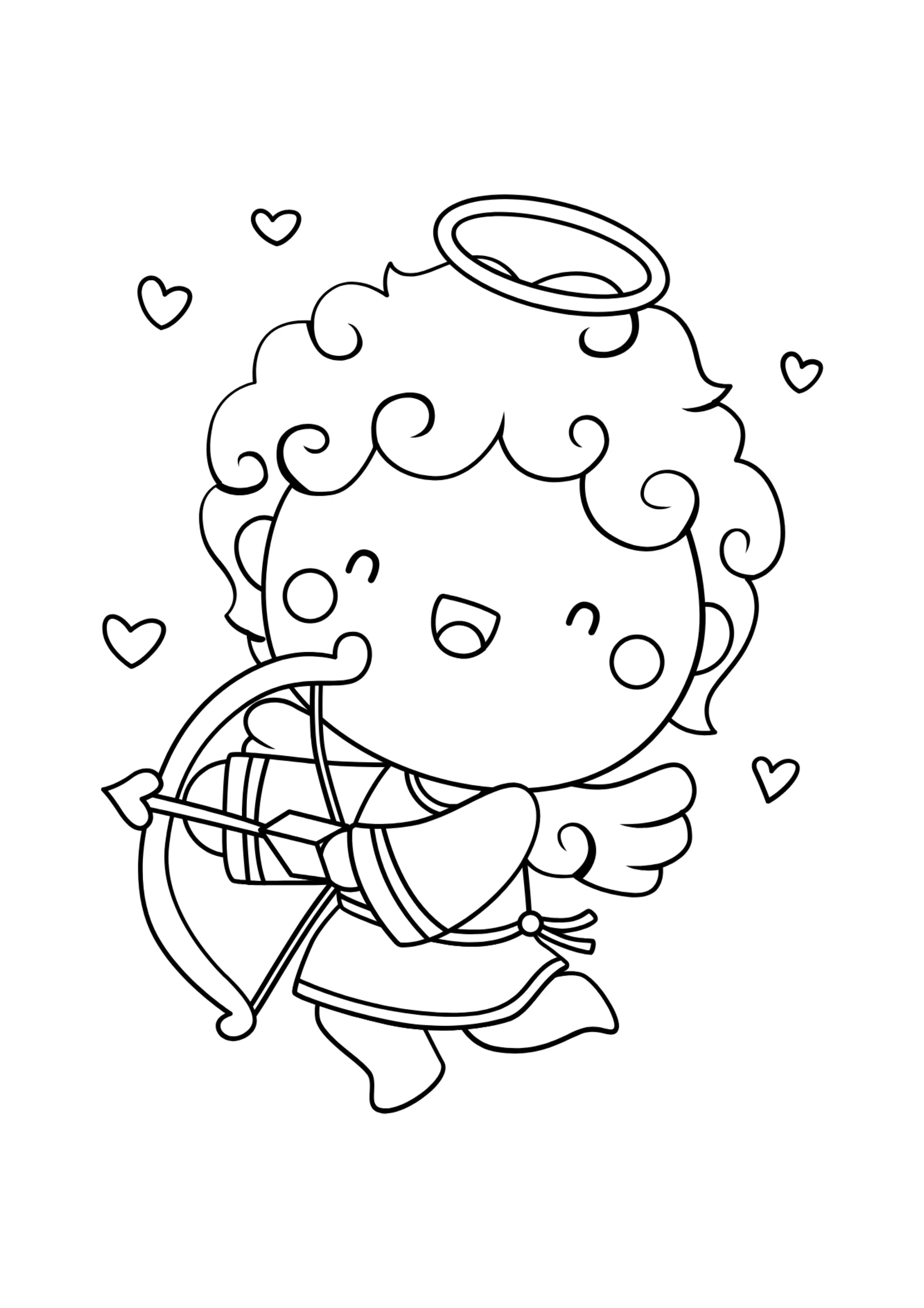 Desenho de contorno em preto e branco, estilo chibikawaii, de um anjo bebê com cabelo encaracolado e auréola. O anjinho está em movimento, rindo com a boca aberta e segurando um arco e flecha (ou aljava) amarrado ao corpo, com corações flutuando.