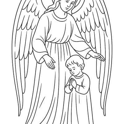 Desenho do Anjo da Guarda com Asas Protegendo uma Criança em Oração