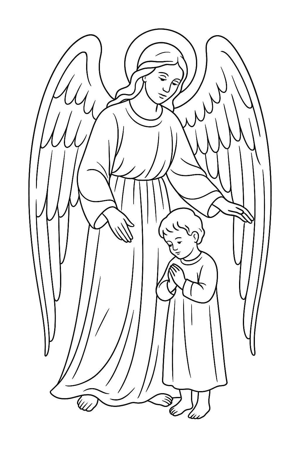 Desenho de contorno em preto e branco de um anjo em pé, com longas vestes, auréola e asas grandes, com a mão estendida sobre uma pequena criança que está ajoelhada ou em pé, com as mãos unidas em oração.