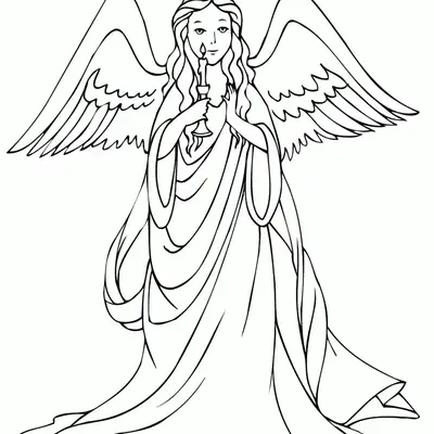 Desenho de contorno em preto e branco de um anjo feminino, com cabelo comprido ondulado, auréola e grandes asas. O anjo veste uma longa túnica esvoaçante e segura um castiçal com uma vela acesa na frente do corpo.