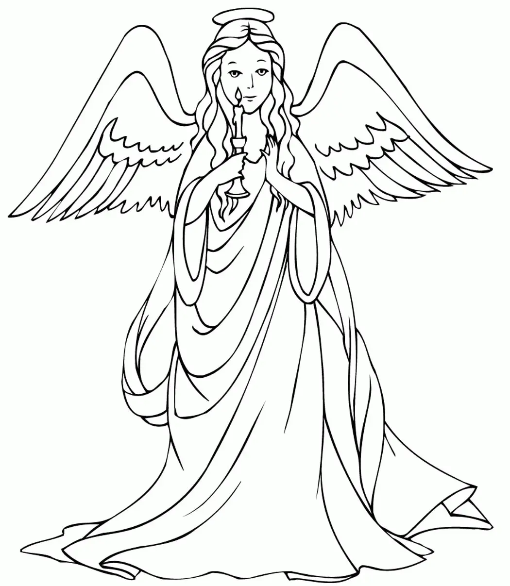 Desenho de contorno em preto e branco de um anjo feminino, com cabelo comprido ondulado, auréola e grandes asas. O anjo veste uma longa túnica esvoaçante e segura um castiçal com uma vela acesa na frente do corpo.