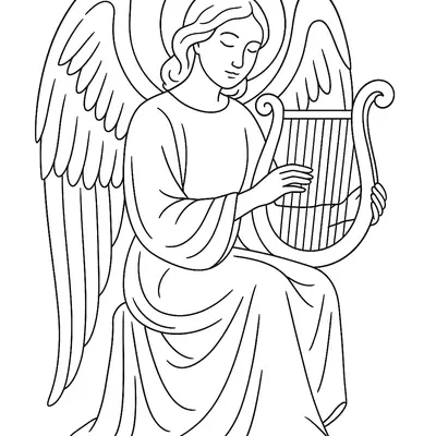 Desenho de Anjo Sentado Tocando a Lira em Momento de Música Celestial