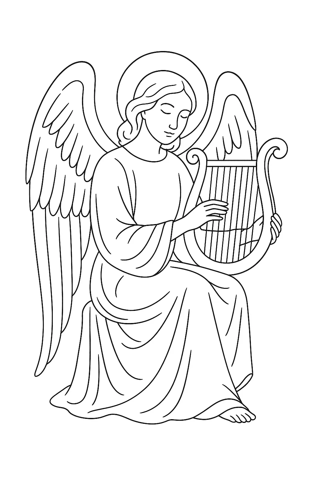 Desenho de contorno em preto e branco de um anjo sentado, vestindo uma túnica longa, com asas grandes e auréola. O anjo está tocando uma lira clássica, com os olhos suavemente fechados em um momento de concentração musical.