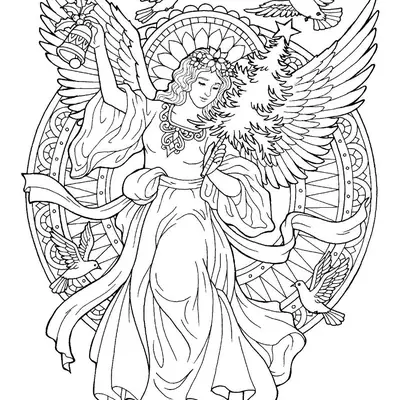 Desenho de contorno em preto e branco altamente detalhado de uma figura de anjo feminino de longos cabelos. Ela segura um sino na mão direita erguida e um pequeno pinheiro de Natal decorado na mão esquerda. O fundo é uma mandala geométrica e várias pombas (pássaros) voam ao redor.