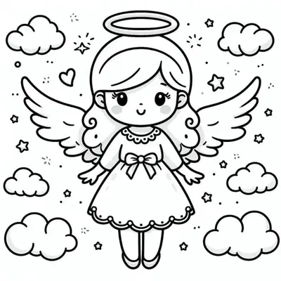 Desenho Fofo (Estilo Kawaii) de Anjo Menina Criança com Asas e Estrelas
