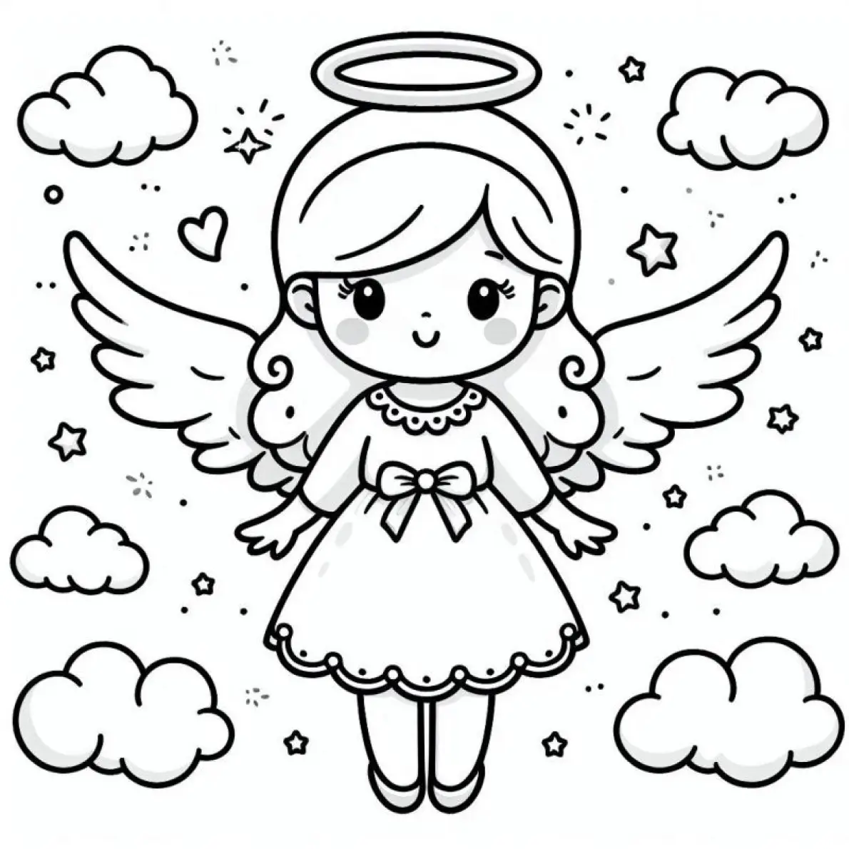 Desenho de contorno em preto e branco, estilo chibi ou kawaii, de uma anjo menina com cabelo curto ondulado, grandes olhos, auréola e asas. Ela veste um vestido com laco e esta rodeada por nuvens, estrelas e coracoes.
