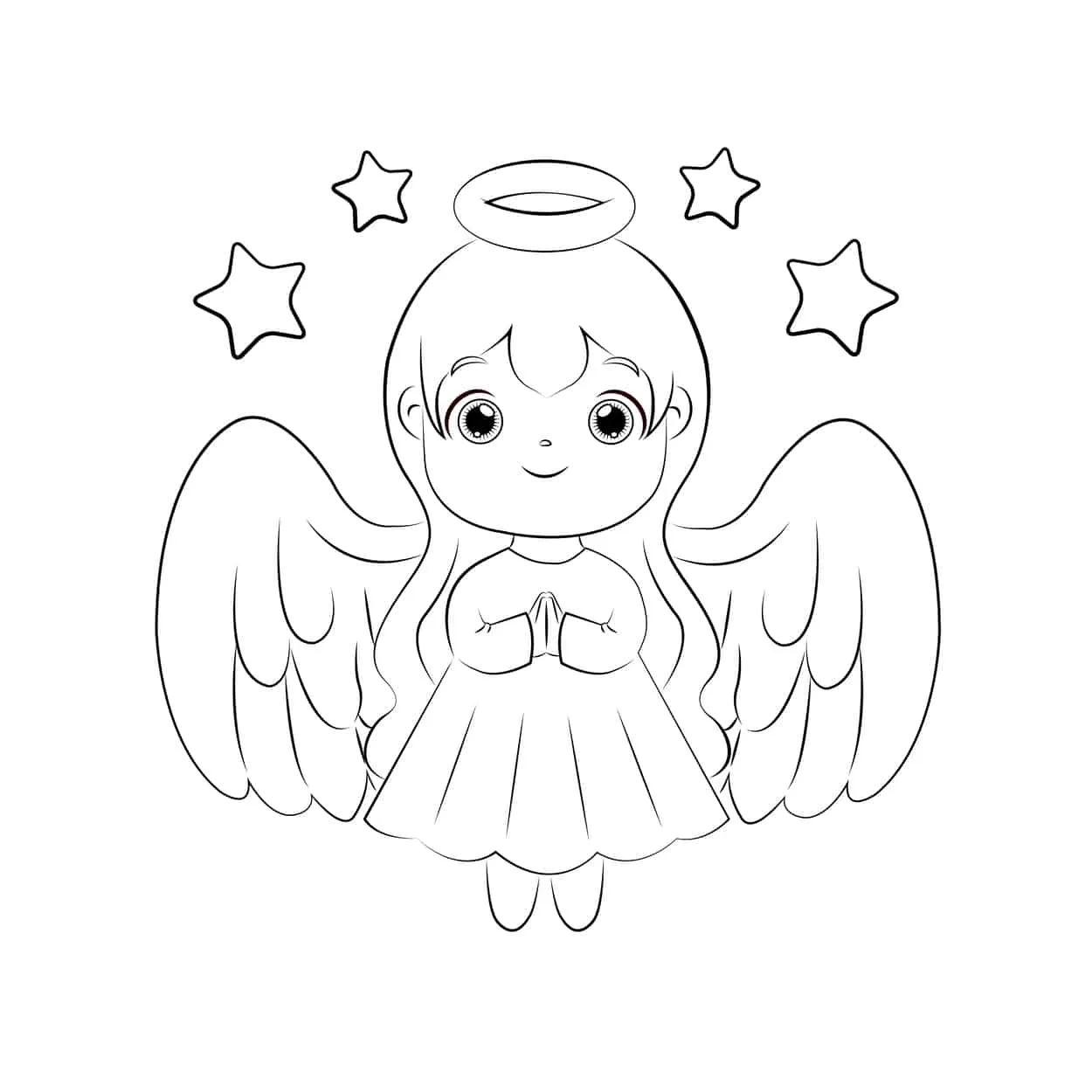 Desenho de contorno em preto e branco, estilo chibi ou kawaii, de um anjo menina de cabelo liso e franja. O anjo tem grandes olhos abertos, auréola e está com as mãos unidas em oração, com três estrelas flutuando ao redor.