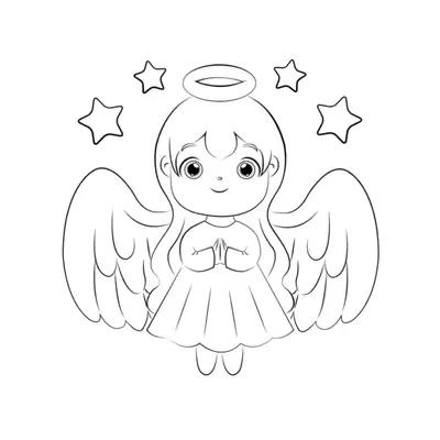 Desenho Fofo (Estilo Kawaii) de Anjo Menina com Mãos em Oração e Estrelas