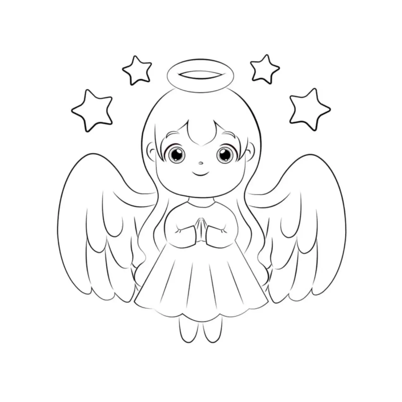 Desenho de contorno em preto e branco, estilo chibi ou kawaii, de uma anjo menina com cabelo comprido, auréola, grandes asas e vestido. Ela está com as mãos unidas em frente ao corpo em oração, com estrelas flutuando acima.