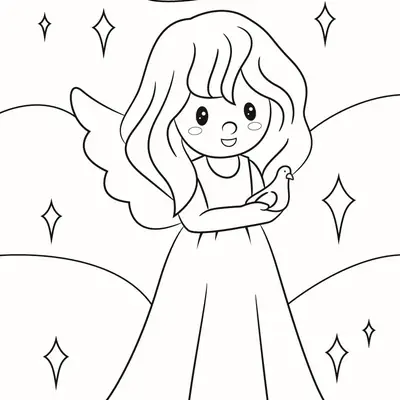 Desenho de contorno em preto e branco, estilo chibi ou kawaii, de uma anjo menina com cabelo liso comprido, auréola e vestido. Ela sorri e segura gentilmente um pequeno pássaro (pomba) nos braços, com brilhos ao redor.