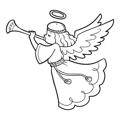 Desenho de contorno em preto e branco, estilo cartoonfofo, de um anjo menina de cabelo curto e auréola, visto de lado (perfil). Ela está em pé, tocando uma trombeta longa e com a outra mão erguida, em pose de anúncio.