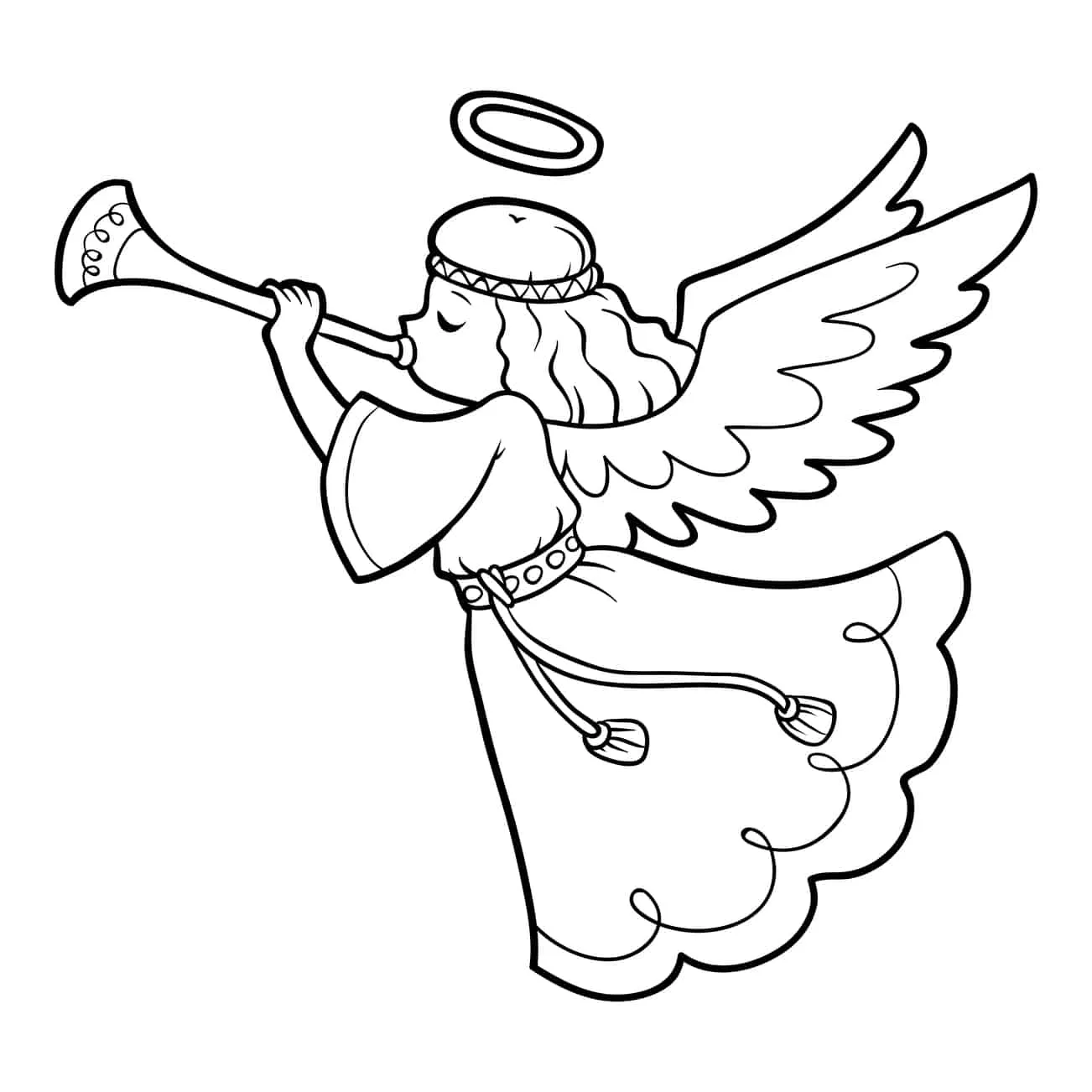 Desenho de contorno em preto e branco, estilo cartoonfofo, de um anjo menina de cabelo curto e auréola, visto de lado (perfil). Ela está em pé, tocando uma trombeta longa e com a outra mão erguida, em pose de anúncio.