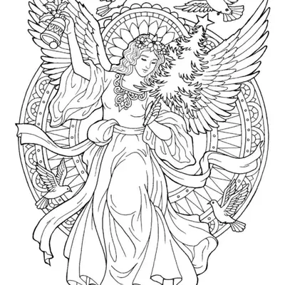 Desenho Complexo de Anjo Feminina com Sino e Árvore de Natal (Pinheiro)