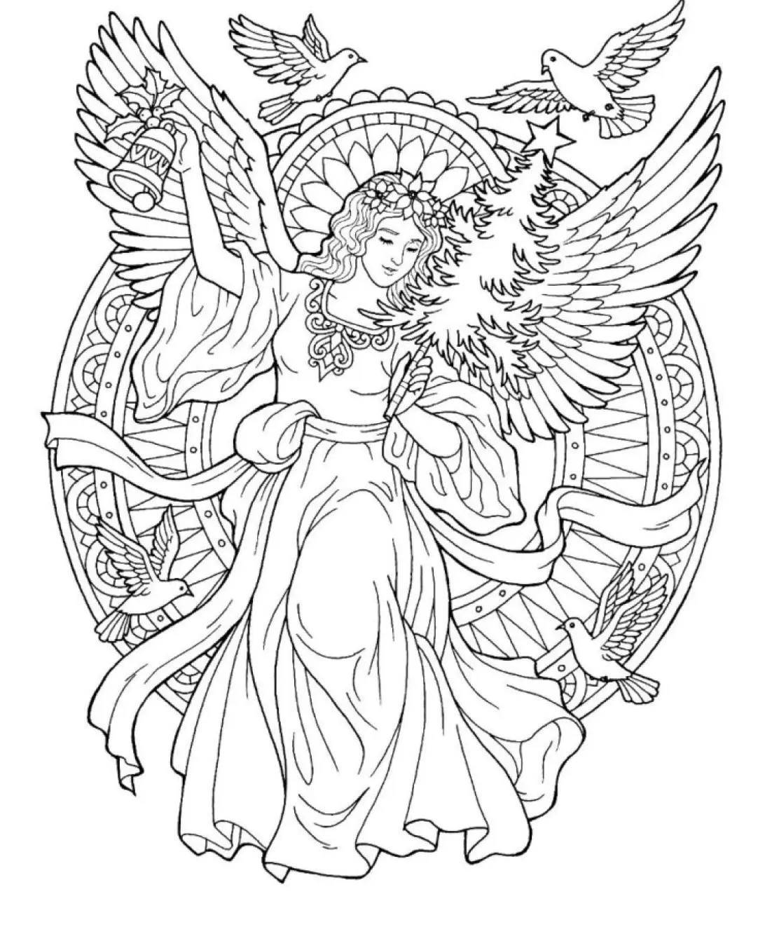 Desenho de contorno complexo em preto e branco de um anjo feminino em vestes longas. O anjo segura um sino de Natal levantado e um pinheiro decorado. O fundo é uma mandala geométrica circular e há quatro pombas (pássaros) voando ao redor.