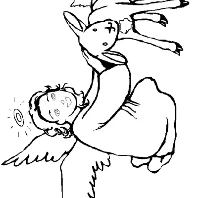 Desenho de contorno em preto e branco, estilo cartoon rústico, de um anjo querubim sorridente, com cabelo encaracolado e auréola. O anjo está abraçando e carregando um pequeno cordeiro nos braços, com suas grandes asas abertas.