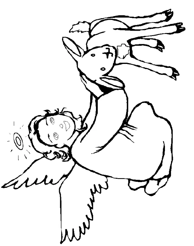 Desenho de contorno em preto e branco, estilo cartoon rústico, de um anjo querubim sorridente, com cabelo encaracolado e auréola. O anjo está abraçando e carregando um pequeno cordeiro nos braços, com suas grandes asas abertas.