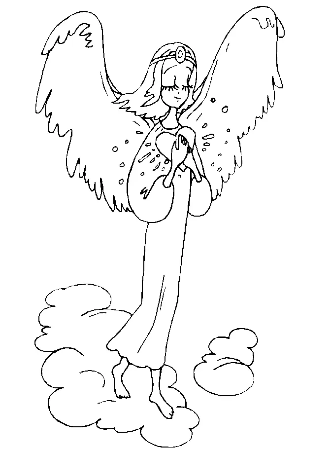 Desenho de contorno em preto e branco de um anjo feminino com cabelo liso, grandes asas e auréola. O anjo está em pé sobre nuvens, com os olhos fechados e em oração, abraçando um coração contra o peito.