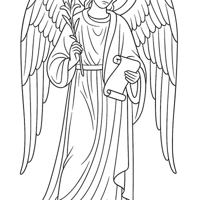 Desenho Clássico de Anjo com Asas, Pergaminho e Ramo de Oliveira